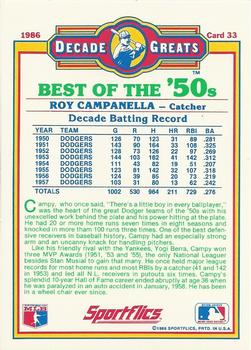 1986 Sportflics Decade Greats #33 Roy Campanella Back
