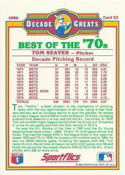 1986 Sportflics Decade Greats #52 Tom Seaver Back