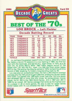 1986 Sportflics Decade Greats #59 Lou Brock Back