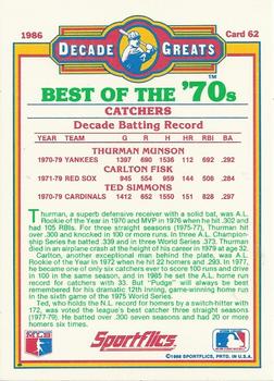 1986 Sportflics Decade Greats #62 Best 70's Catchers (Thurman Munson / Carlton Fisk / Ted Simmons) Back