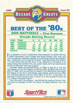 1986 Sportflics Decade Greats #65 Don Mattingly Back
