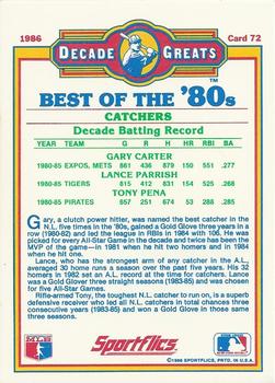 1986 Sportflics Decade Greats #72 Best 80's Catchers (Gary Carter / Lance Parrish / Tony Pena) Back
