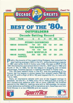 1986 Sportflics Decade Greats #74 Best 80's Outfielders (Pedro Guerrero / Tim Raines / Dave Winfield) Back