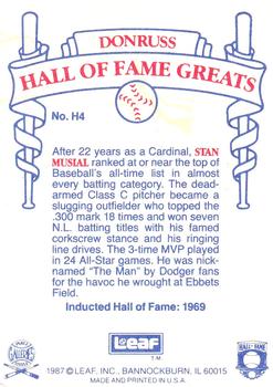 1987 Leaf Candy City Team Hall of Fame Greats #H4 Stan Musial Back