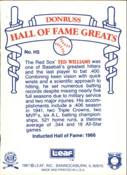 1987 Leaf Candy City Team Hall of Fame Greats #H5 Ted Williams Back