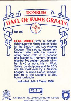 1987 Leaf Candy City Team Hall of Fame Greats #H6 Duke Snider Back