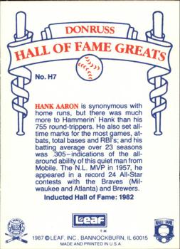 1987 Leaf Candy City Team Hall of Fame Greats #H7 Hank Aaron Back