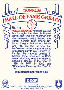 1987 Leaf Candy City Team Hall of Fame Greats #H11 Willie McCovey Back