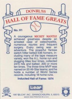 1987 Leaf Candy City Team Hall of Fame Greats #H1 Mickey Mantle Back