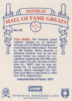 1987 Leaf Candy City Team Hall of Fame Greats #H2 Yogi Berra Back