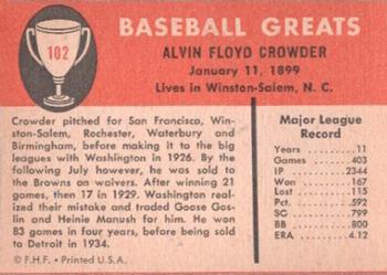 1961 Fleer Baseball Greats (F418-3) #102 General Alvin Crowder Back