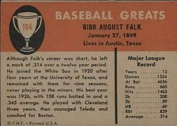 1961 Fleer Baseball Greats (F418-3) #104 Bibb Falk Back