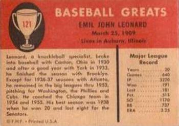 1961 Fleer Baseball Greats (F418-3) #121 Dutch Leonard Back