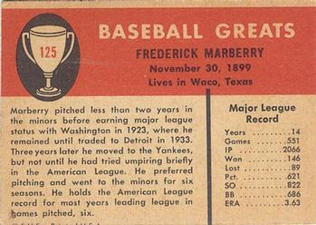 1961 Fleer Baseball Greats (F418-3) #125 Fred Marberry Back