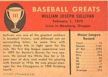 1961 Fleer Baseball Greats (F418-3) #141 Billy Sullivan Back