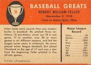 1961 Fleer Baseball Greats (F418-3) #25 Bob Feller Back