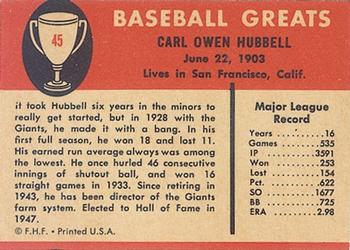 1961 Fleer Baseball Greats (F418-3) #45 Carl Hubbell Back