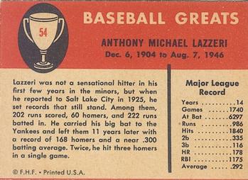 1961 Fleer Baseball Greats (F418-3) #54 Tony Lazzeri Back