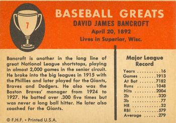 1961 Fleer Baseball Greats (F418-3) #7 Dave Bancroft Back