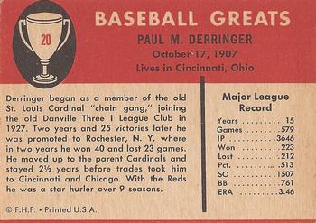 1961 Fleer Baseball Greats (F418-3) #20 Paul Derringer Back