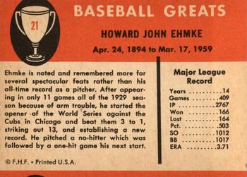 1961 Fleer Baseball Greats (F418-3) #21 Howard Ehmke Back
