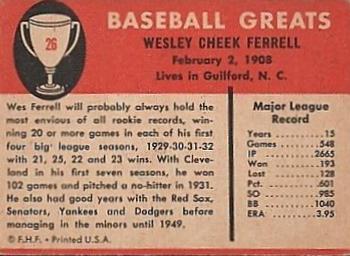 1961 Fleer Baseball Greats (F418-3) #26 Wes Ferrell Back