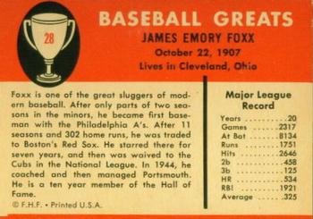 1961 Fleer Baseball Greats (F418-3) #28 Jimmie Foxx Back