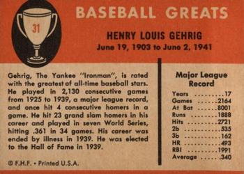 1961 Fleer Baseball Greats (F418-3) #31 Lou Gehrig Back