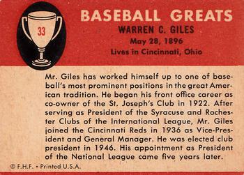 1961 Fleer Baseball Greats (F418-3) #33 Warren Giles Back