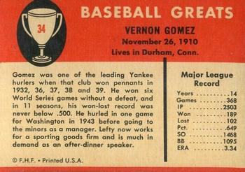 1961 Fleer Baseball Greats (F418-3) #34 Lefty Gomez Back