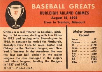1961 Fleer Baseball Greats (F418-3) #37 Burleigh Grimes Back