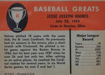 1961 Fleer Baseball Greats (F418-3) #40 Jesse Haines Back