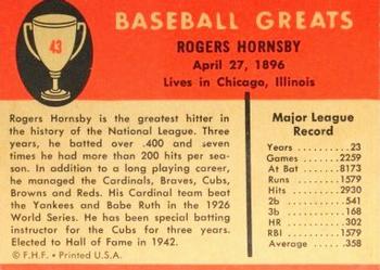 1961 Fleer Baseball Greats (F418-3) #43 Rogers Hornsby Back