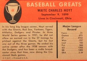1961 Fleer Baseball Greats (F418-3) #44 Waite Hoyt Back