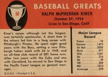 1961 Fleer Baseball Greats (F418-3) #50 Ralph Kiner Back