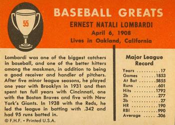1961 Fleer Baseball Greats (F418-3) #55 Ernie Lombardi Back