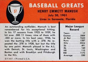 1961 Fleer Baseball Greats (F418-3) #57 Heinie Manush Back