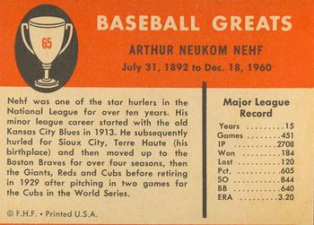 1961 Fleer Baseball Greats (F418-3) #65 Art Nehf Back