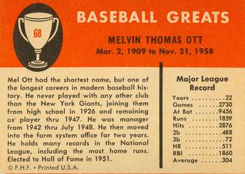 1961 Fleer Baseball Greats (F418-3) #68 Mel Ott Back