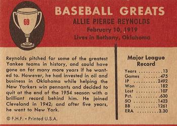 1961 Fleer Baseball Greats (F418-3) #69 Allie Reynolds Back