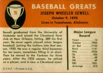1961 Fleer Baseball Greats (F418-3) #76 Joe Sewell Back