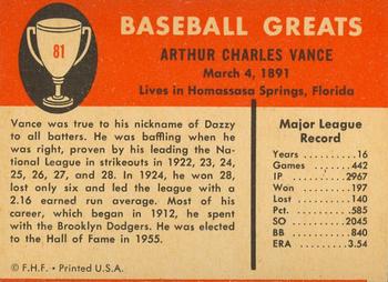 1961 Fleer Baseball Greats (F418-3) #81 Dazzy Vance Back