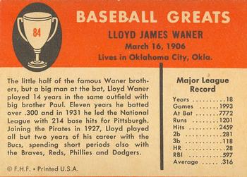 1961 Fleer Baseball Greats (F418-3) #84 Lloyd Waner Back