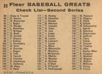 1961 Fleer Baseball Greats (F418-3) #89 George Sisler / Pie Traynor Back