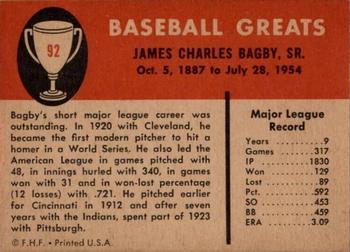 1961 Fleer Baseball Greats (F418-3) #92 Jim Bagby Back