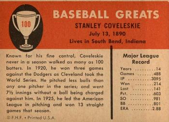 1961 Fleer Baseball Greats (F418-3) #100 Stanley Coveleski Back