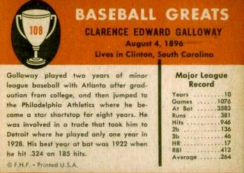 1961 Fleer Baseball Greats (F418-3) #108 Chick Galloway Back