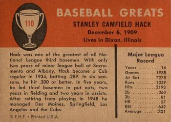 1961 Fleer Baseball Greats (F418-3) #110 Stan Hack Back