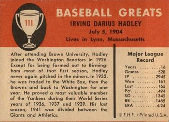 1961 Fleer Baseball Greats (F418-3) #111 Bump Hadley Back