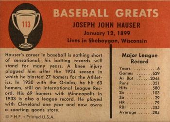 1961 Fleer Baseball Greats (F418-3) #113 Joe Hauser Back